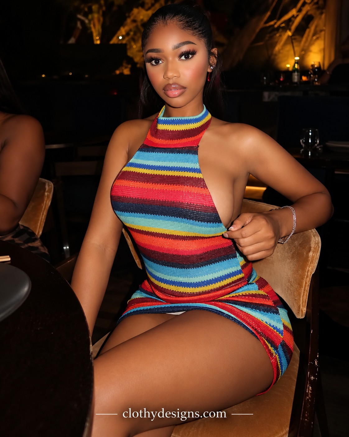 Striped Knit Halter Mini Dress – Colorful Contrast Sleeveless Backless Bodycon Summer Dress